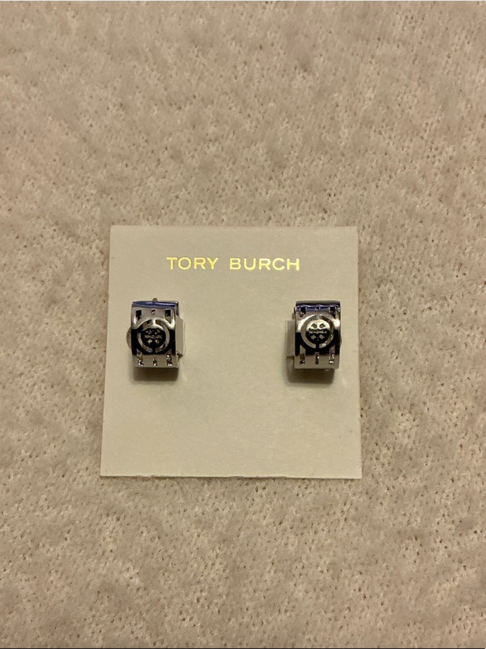 Tory Burch Silver-Tone Logo Hoop Huggie Earrings